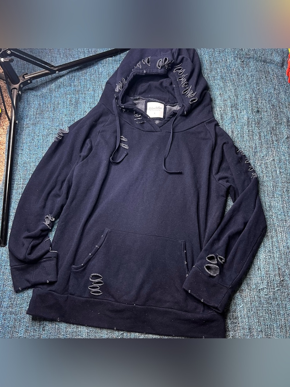 Chelsea Deboer by Lily & Lottie Distressed Pullover Hoodie in Dark Blue Large